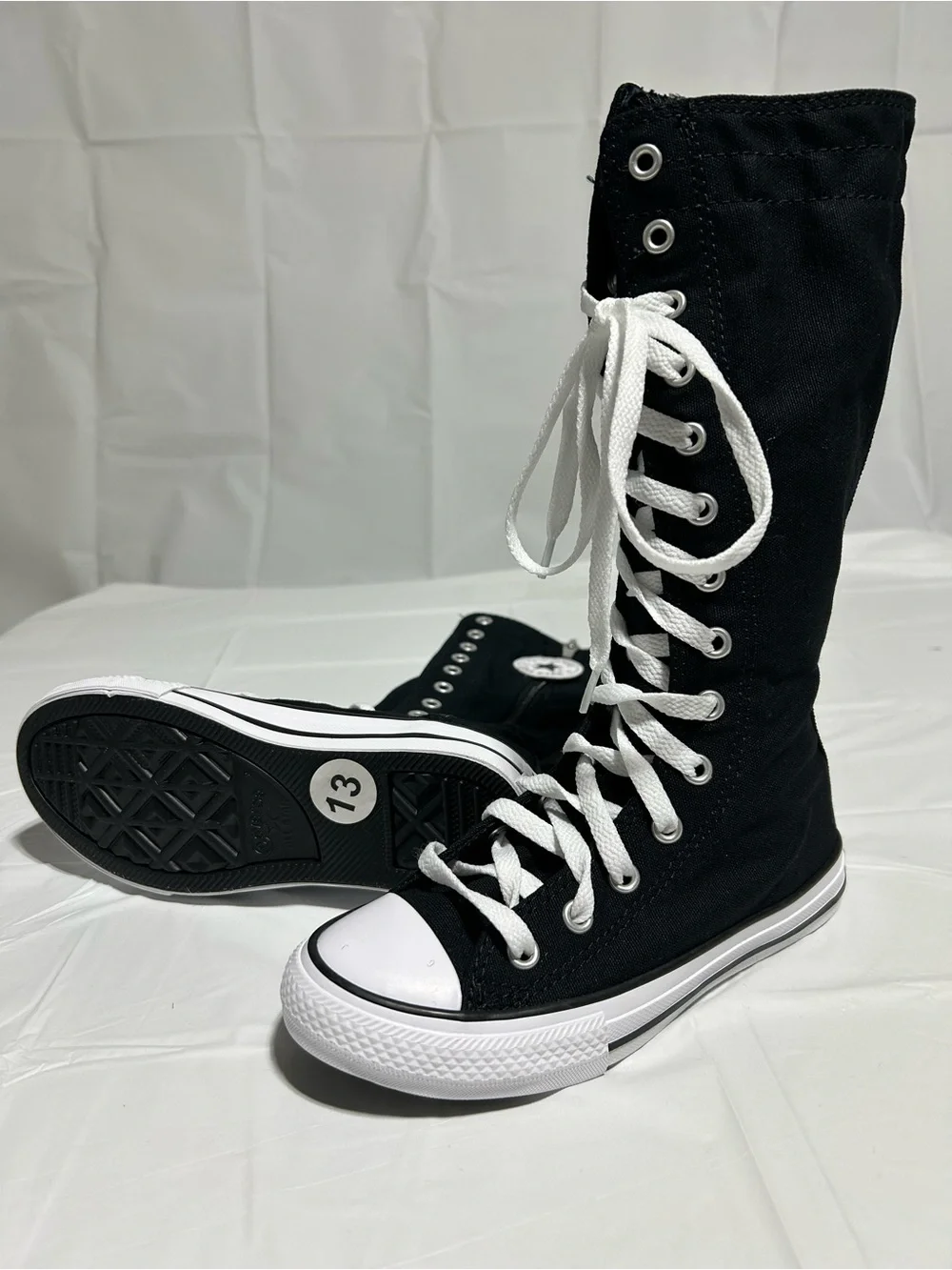 Size 13 Converse Black and White Knee-High Lace-Up Kids Sneakers
